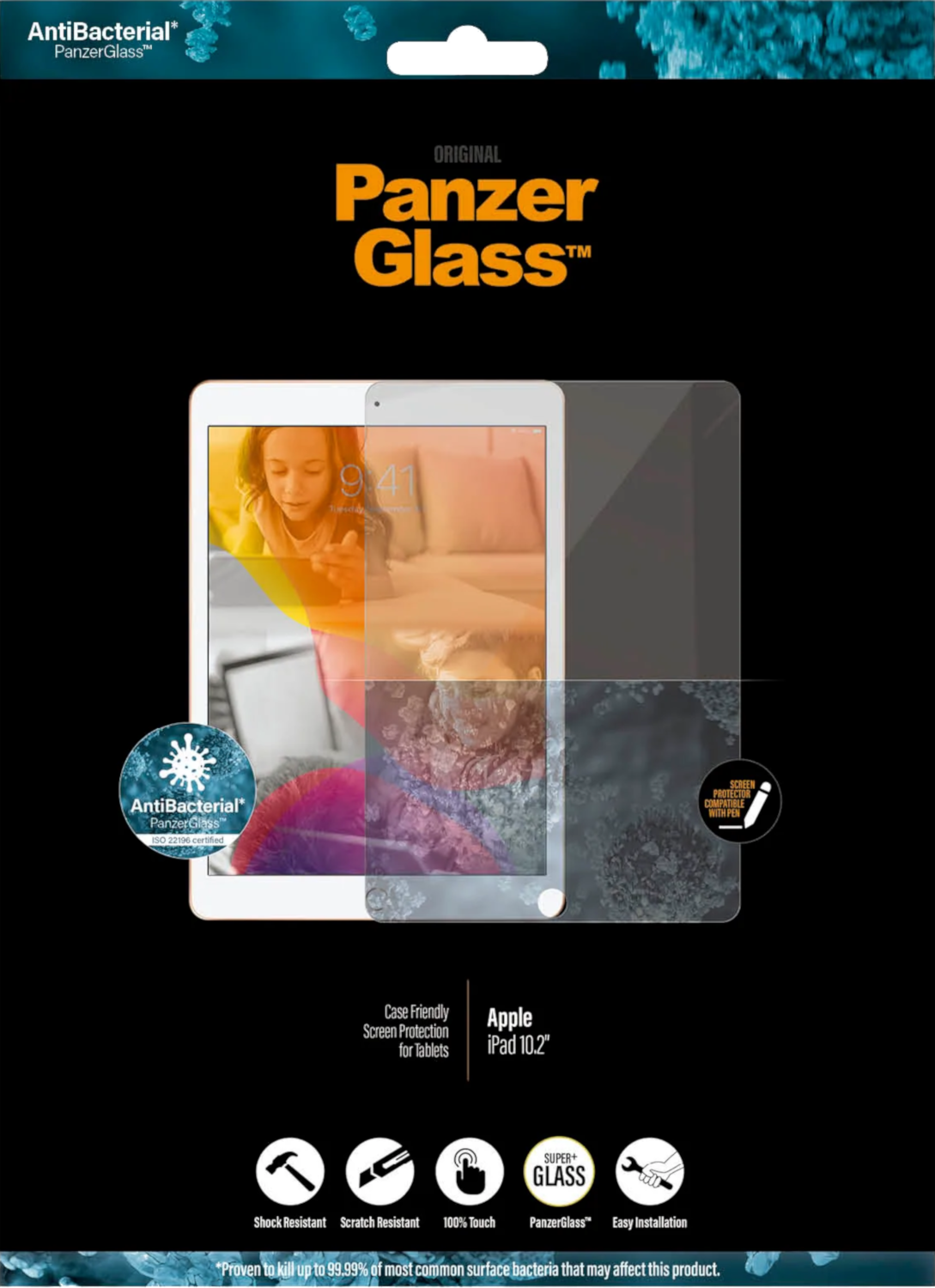 Tablet screenprotector doos, met tablet afbeelding. Toont tablet, tekst en beschermende eigenschappen.