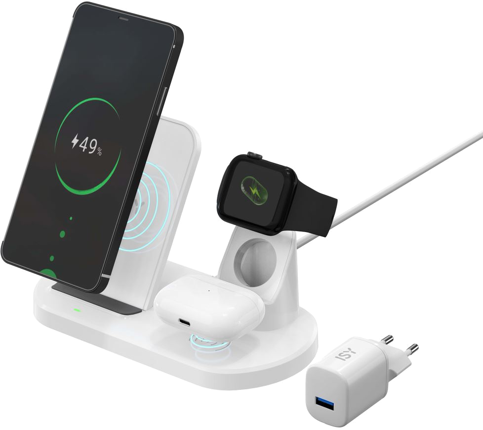 Station de charge blanche. Téléphone, montre et écouteurs dessus, avec chargeur.