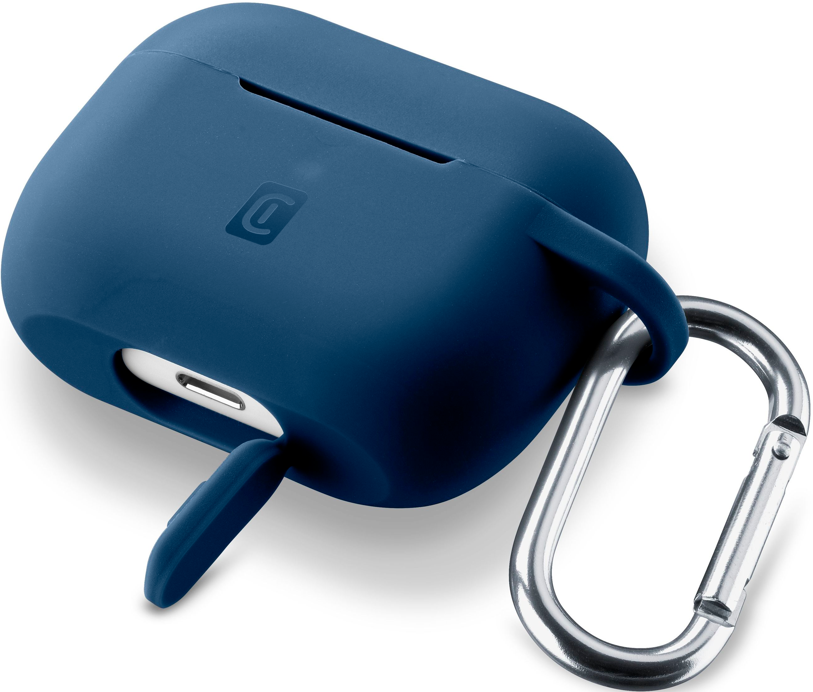 Un étui bleu pour AirPods, ouvert, avec un mousqueton argenté attaché. Les AirPods ne sont pas visibles.