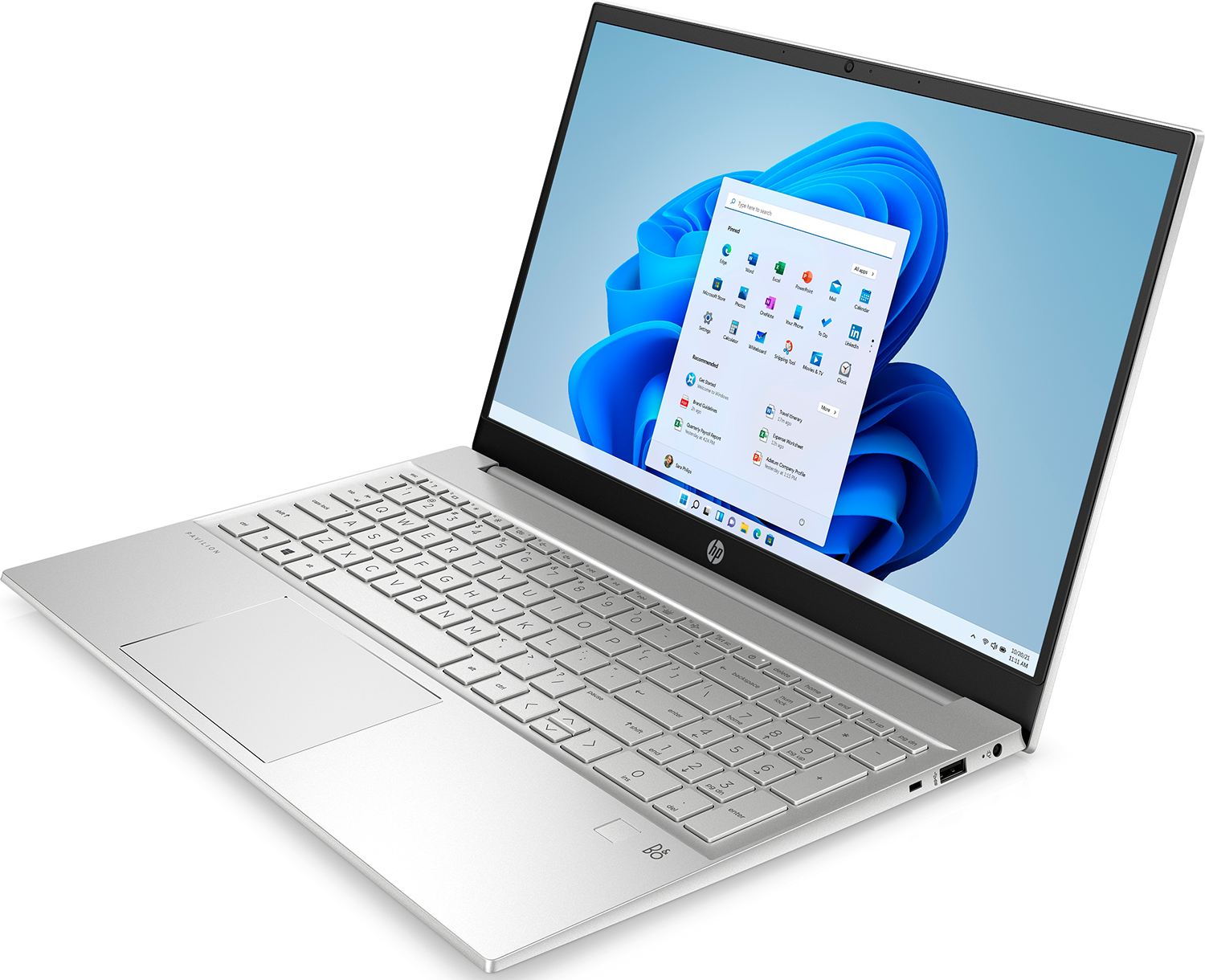 Zilveren laptop met een Windows 11 scherm op een witte achtergrond.