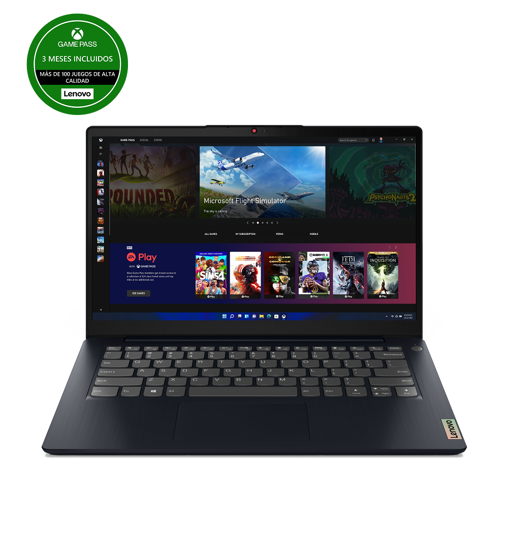 Portátil Lenovo con pantallas de juegos, un banner verde de Game Pass y un fondo negro. Mostrando juegos.