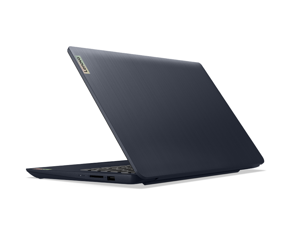 Ordenador portátil azul oscuro con pantalla abierta, mostrando teclado y puertos, fondo negro.