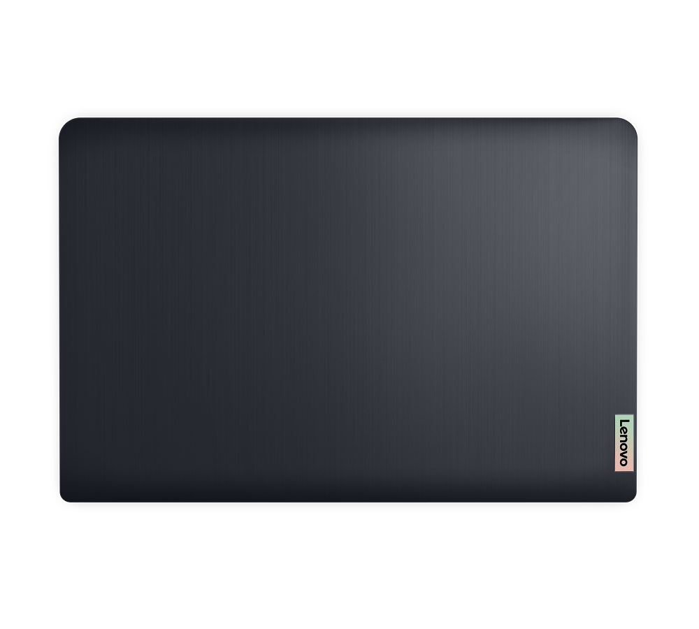 Ordenador portátil cerrado con superficie azul oscuro y logotipo de Lenovo.