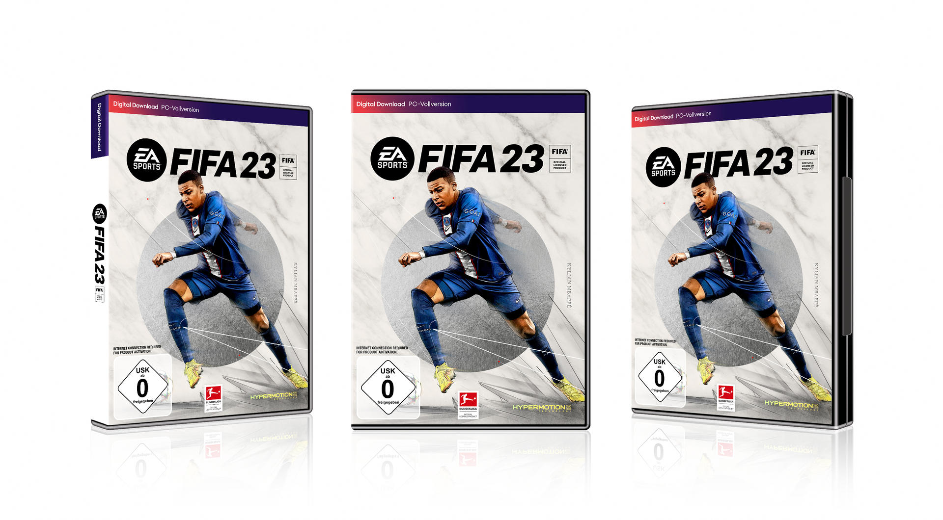 Drei FIFA 23-Spielboxen mit einem Spieler in Blau, weißem Hintergrund.