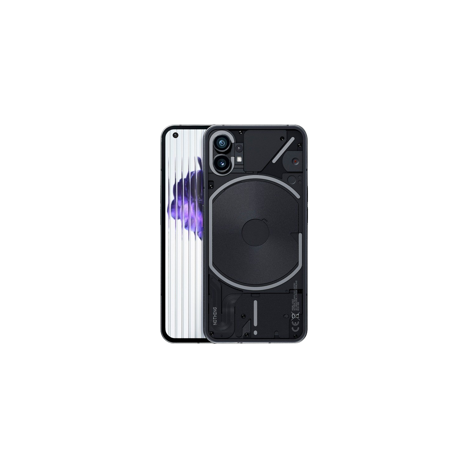 Un teléfono Nothing negro con una parte trasera transparente, mostrando componentes internos.