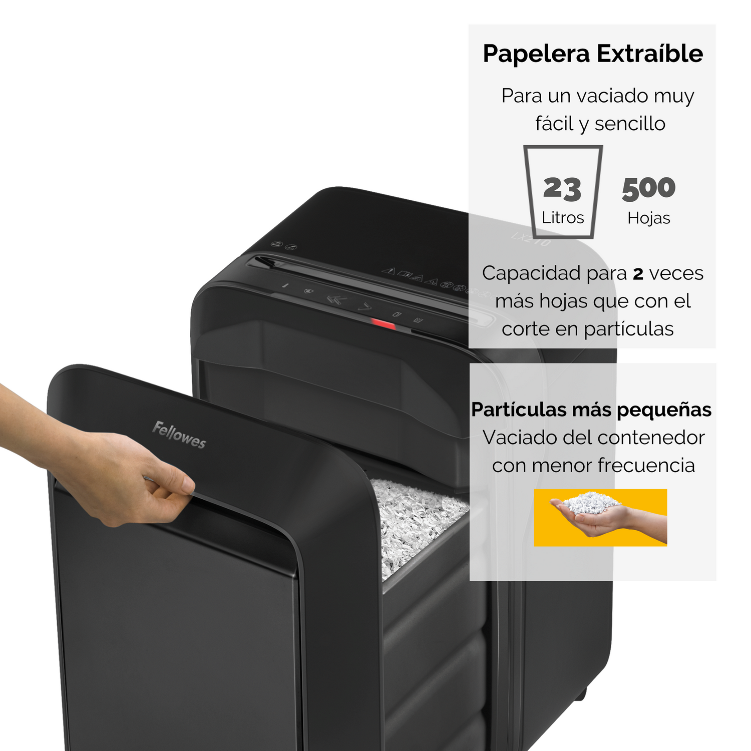 Trituradora: negra, papelera abierta, mano mostrando papel triturado.