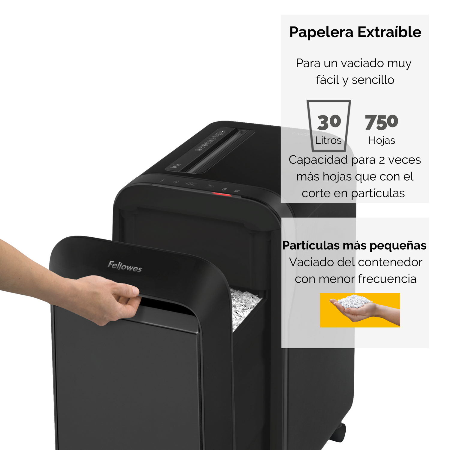 Destructora negra con depósito abierto. Texto muestra características como 30 litros y 750 hojas.