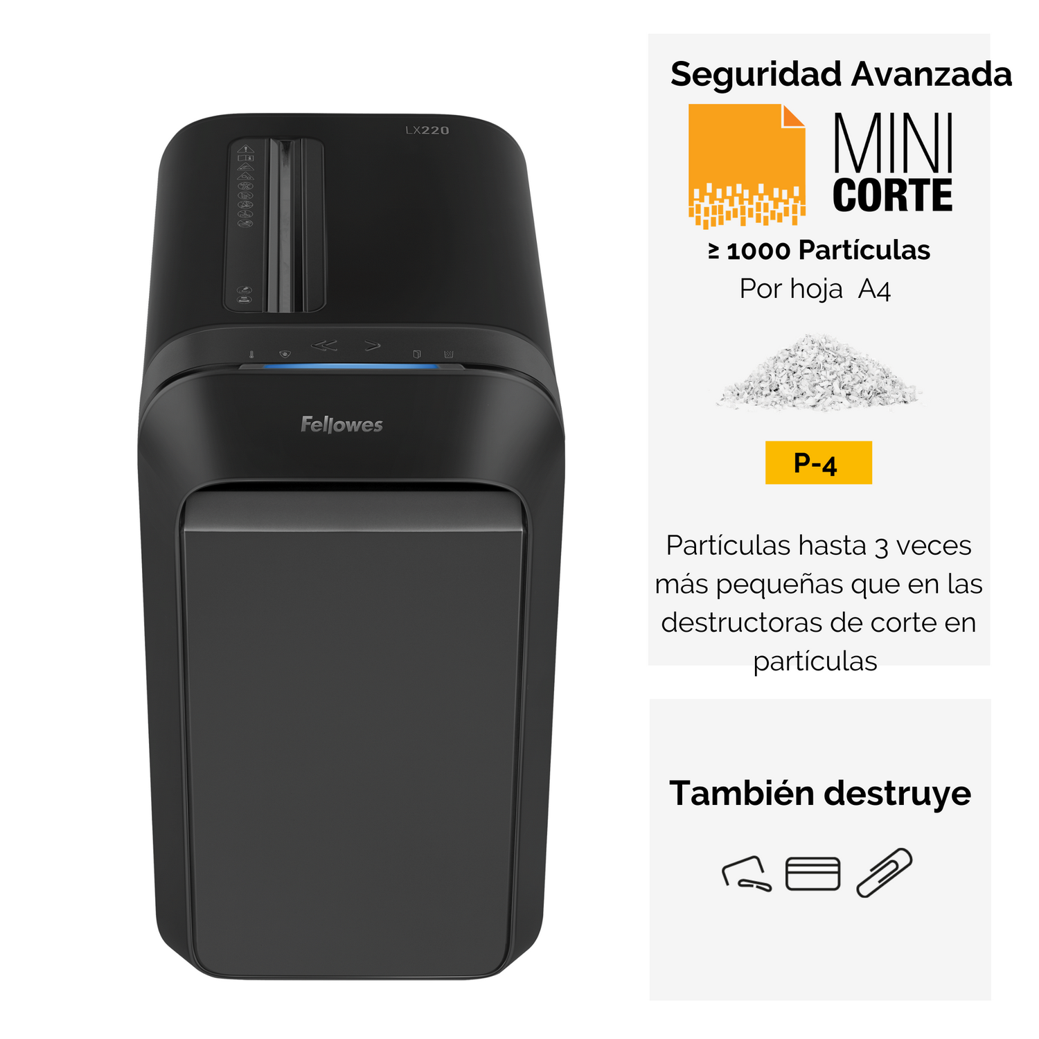 Una trituradora negra con texto sobre seguridad y papel triturado.