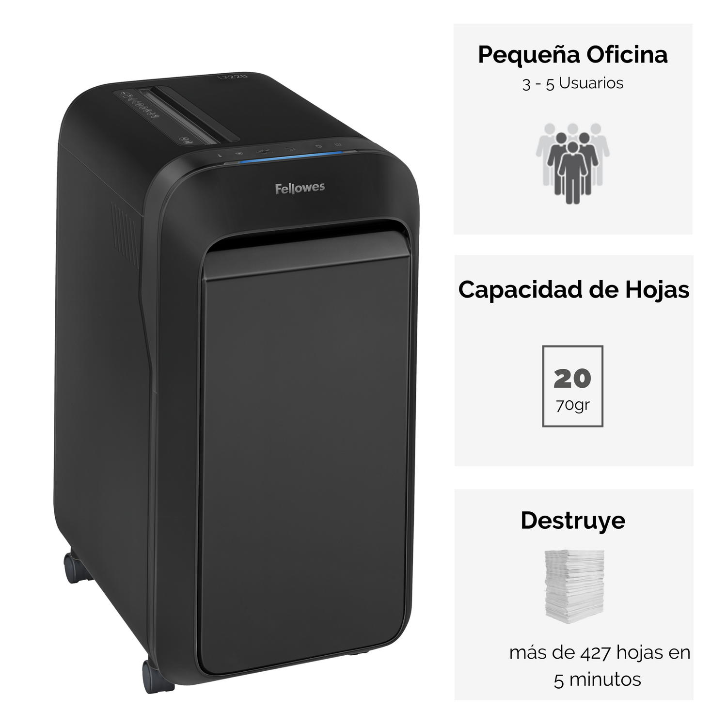 Destructora de papel negra con gráficos y texto.