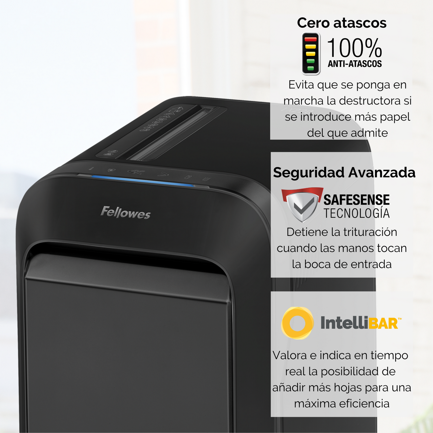 Trituradora negra Fellowes. Cuenta con 100% antiatascos, seguridad avanzada y capacidad de papel en tiempo real.