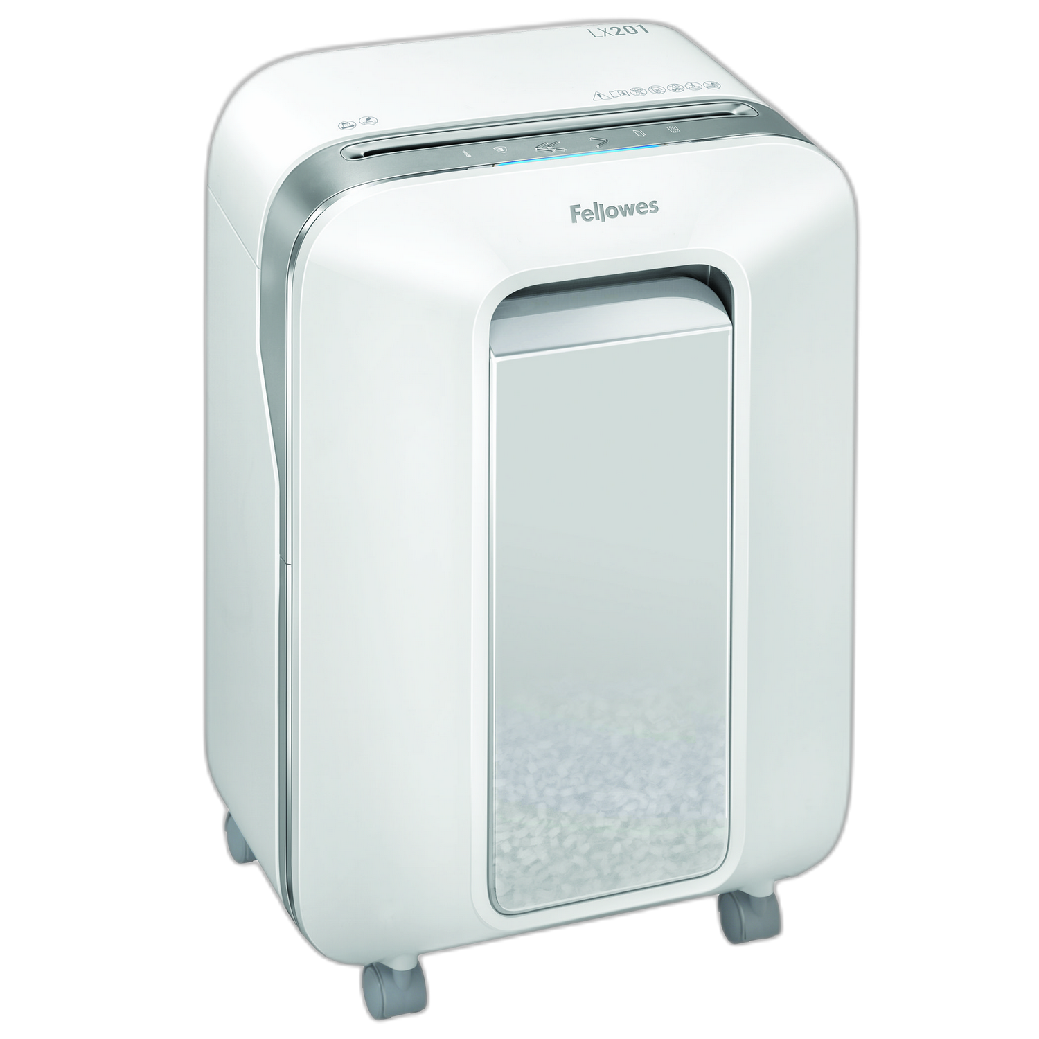Destructora de papel Fellowes blanca. El borde plateado acentúa el cuerpo blanco. La destructora tiene un depósito con papel triturado.