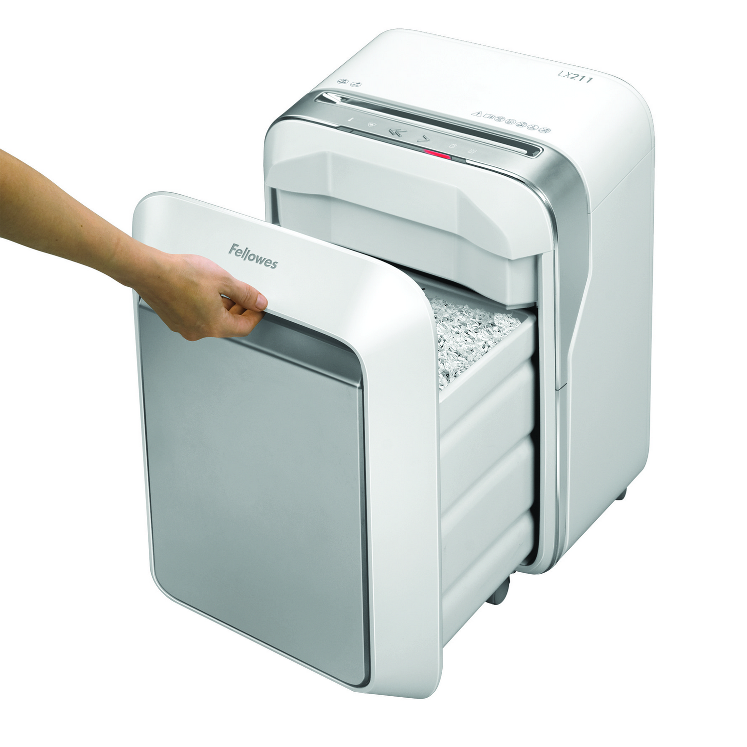 Una destructora de papel Fellowes LX211 blanca.