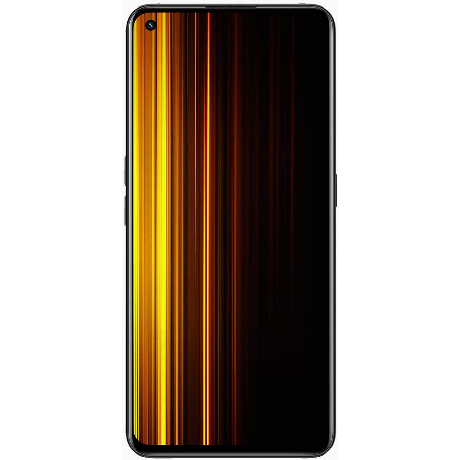 Un teléfono inteligente con una pantalla que muestra líneas verticales amarillas y naranjas sobre un fondo negro.