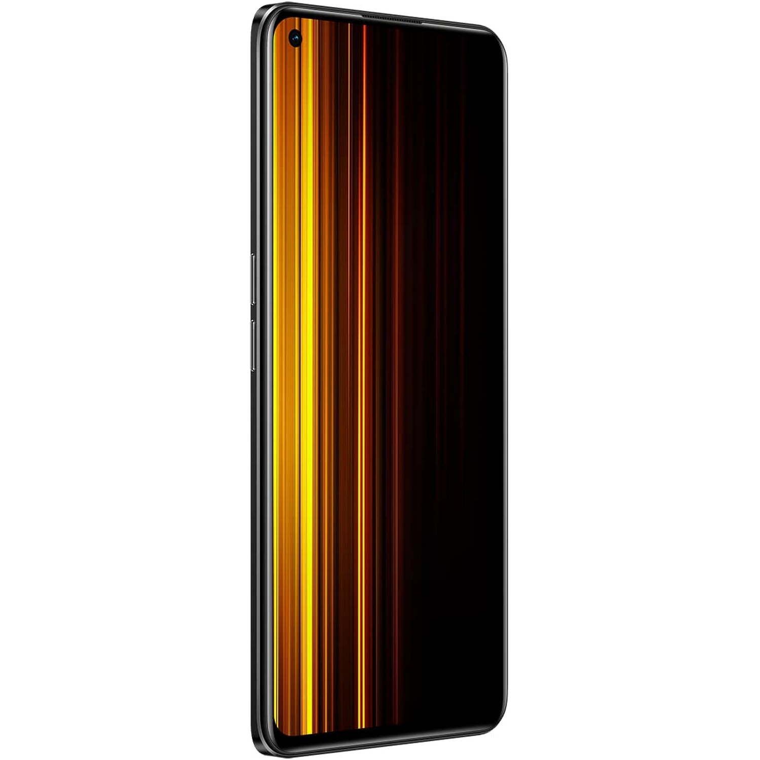 Un teléfono inteligente negro con una pantalla colorida que muestra líneas naranjas y amarillas.
