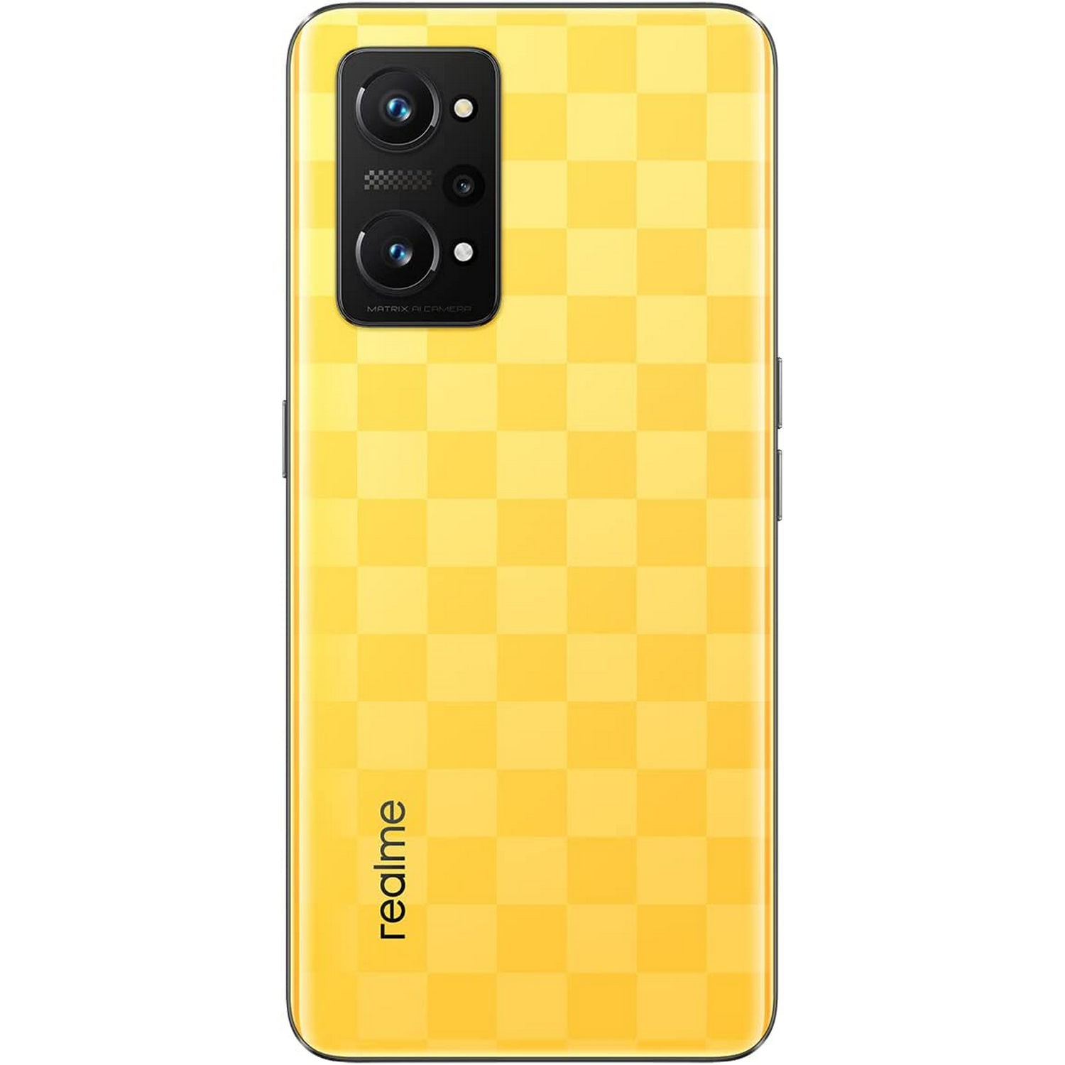 Smartphone amarillo con patrón de cuadros en la parte trasera, módulo de cámara negro y 'realme'.