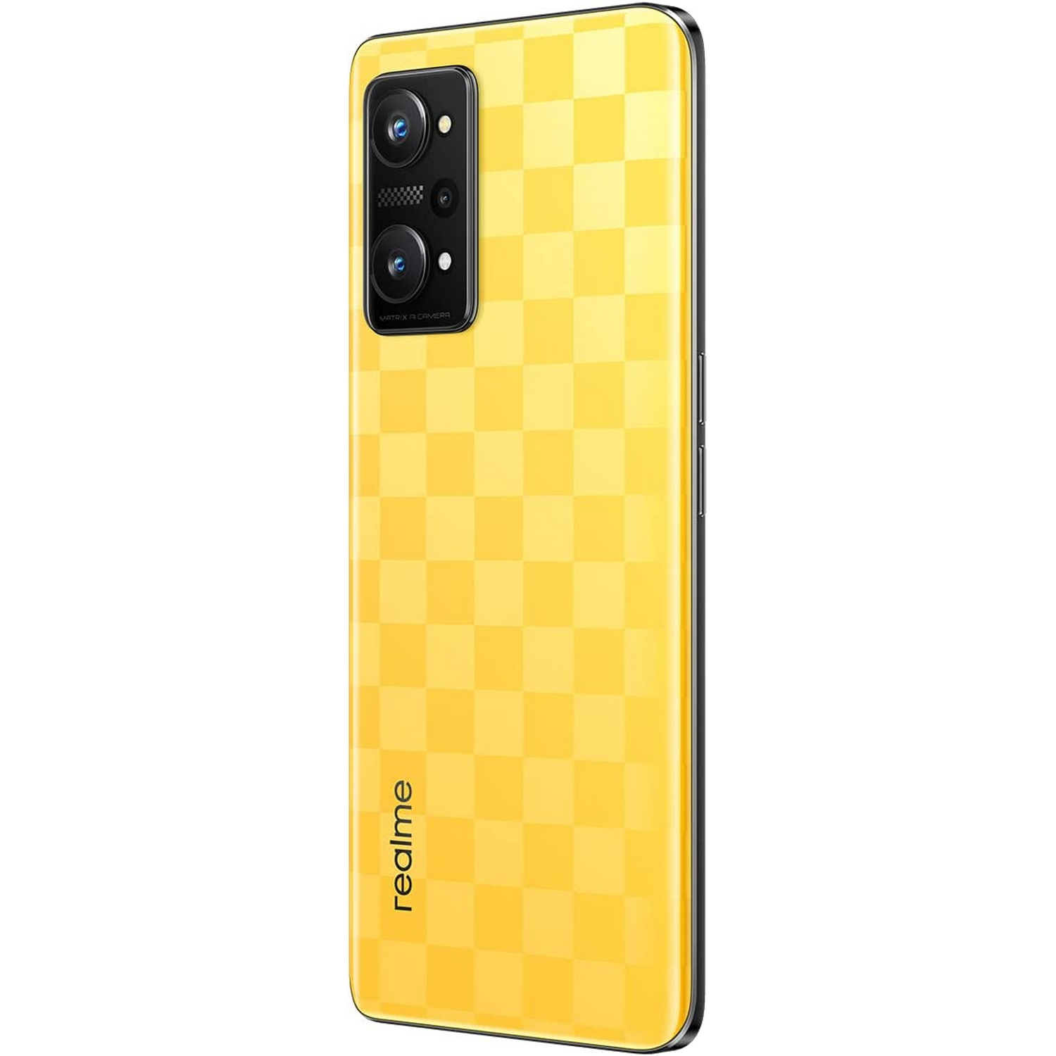 Smartphone amarillo a cuadros con un módulo de cámara negro en la parte trasera, vista lateral.