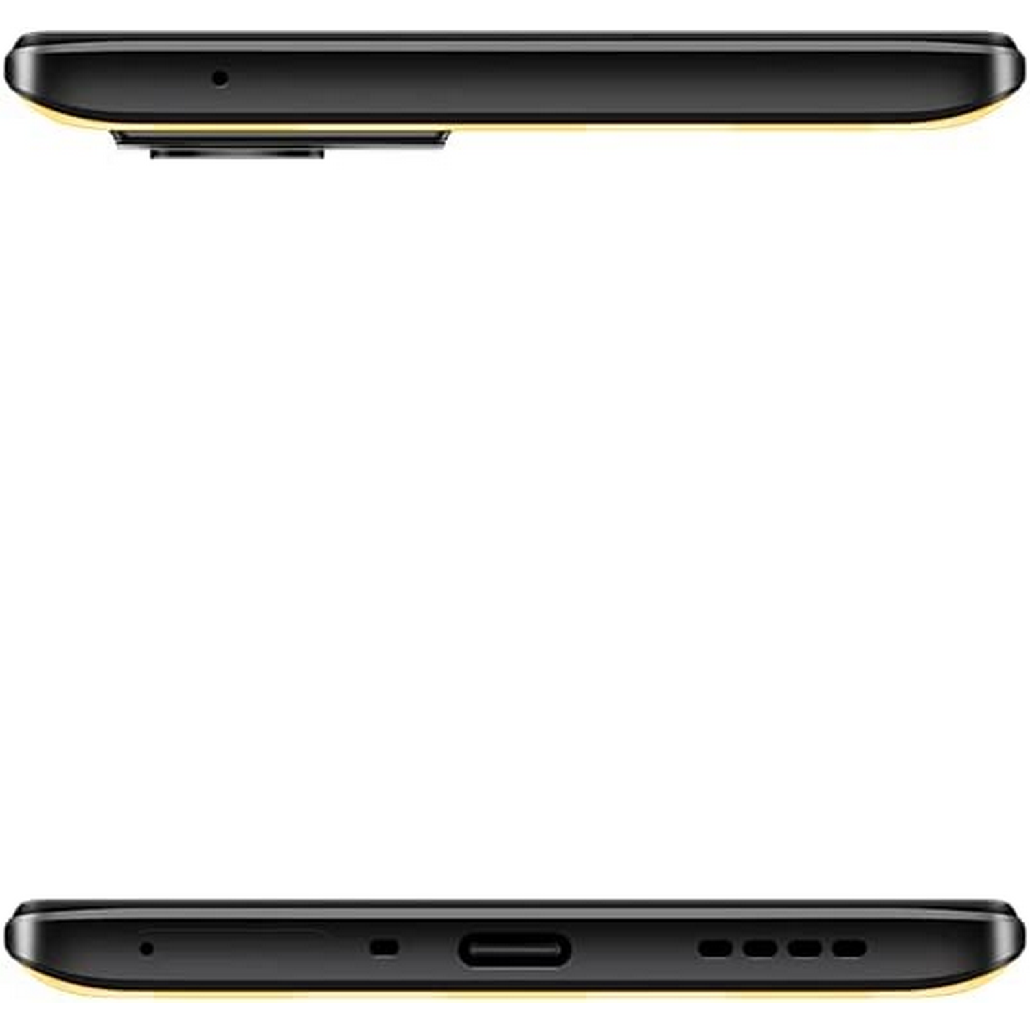Dos vistas de un teléfono negro y amarillo, superior e inferior.