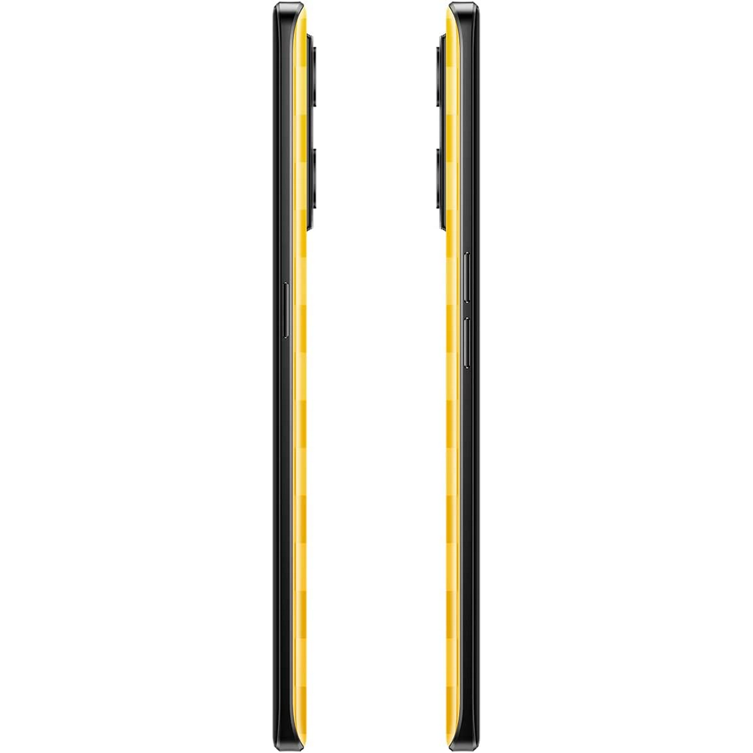 Dos smartphones amarillos. Lados visibles. Marcos negros. Espaldas a cuadros. Fondo blanco.