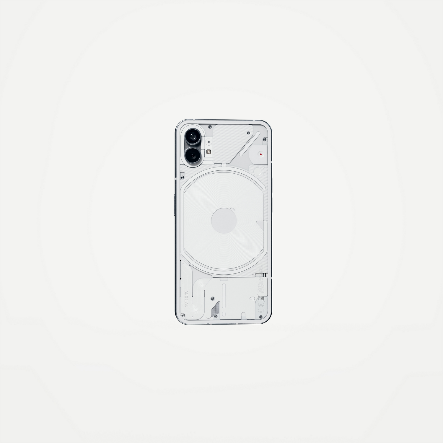La parte trasera de un teléfono blanco. El teléfono tiene un diseño transparente único.