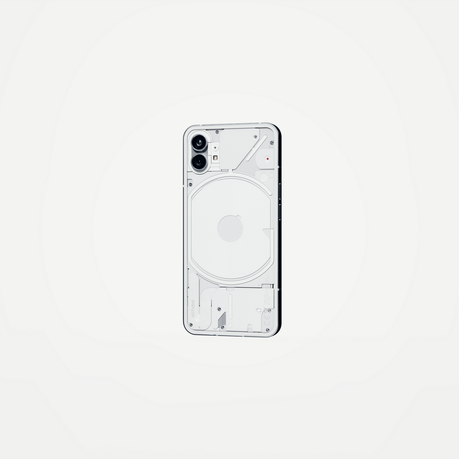 Parte trasera de un teléfono Nothing blanco con interiores transparentes.