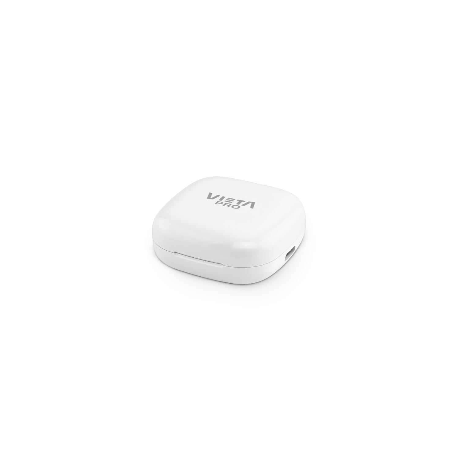 Una funda blanca para auriculares Vista Pro. La funda está cerrada.