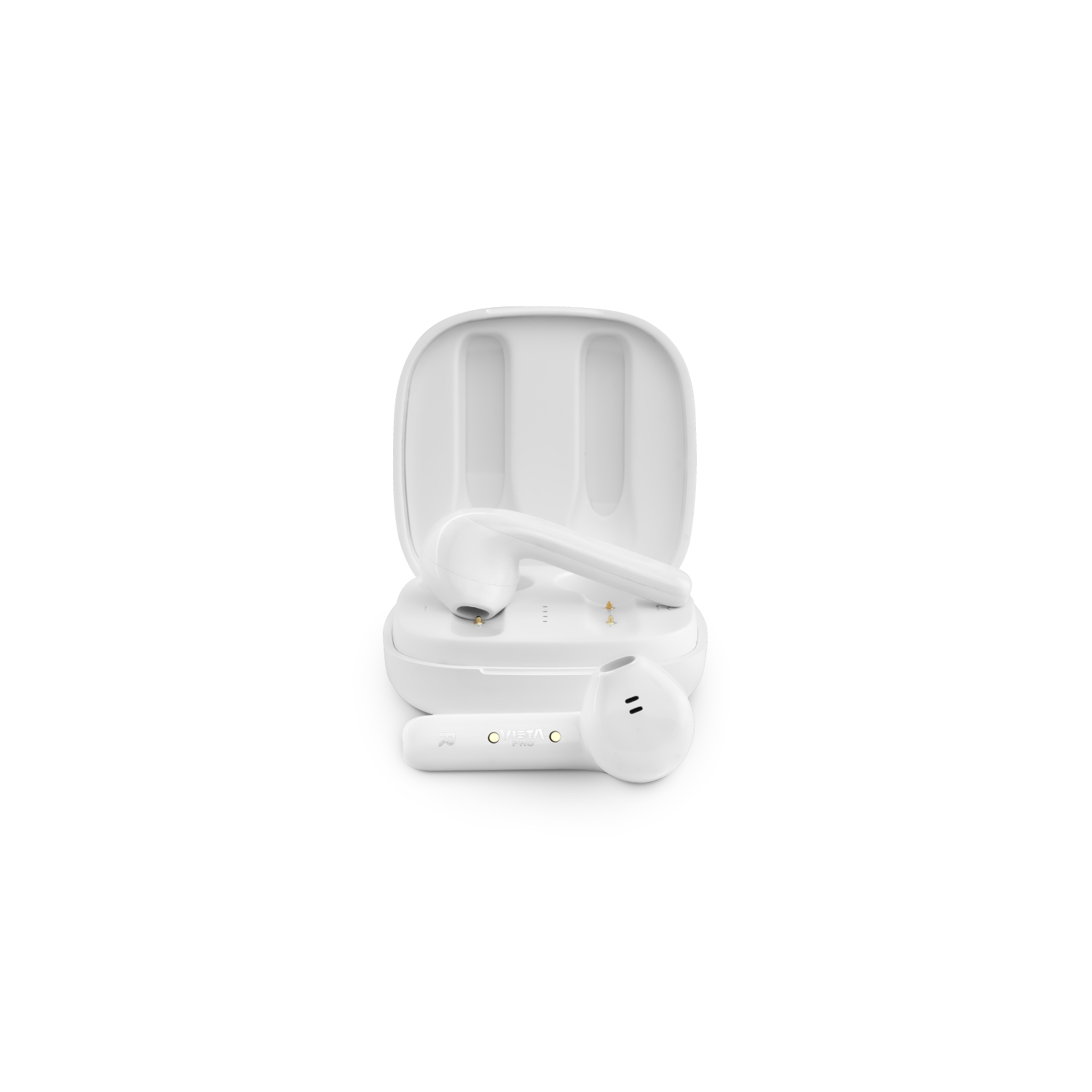 Auriculares blancos en un estuche de carga blanco, con otro auricular al lado.