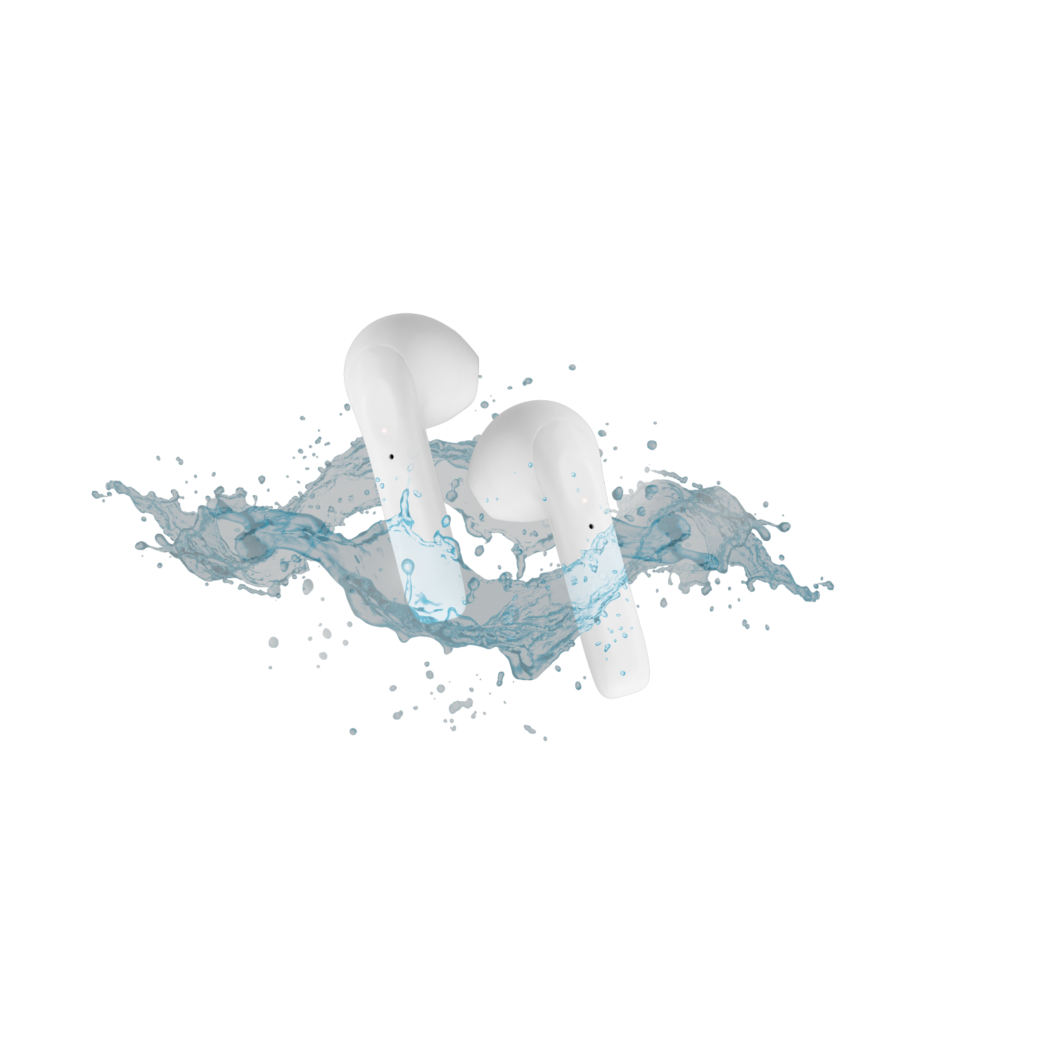 Auriculares blancos con salpicaduras de agua, fondo blanco.