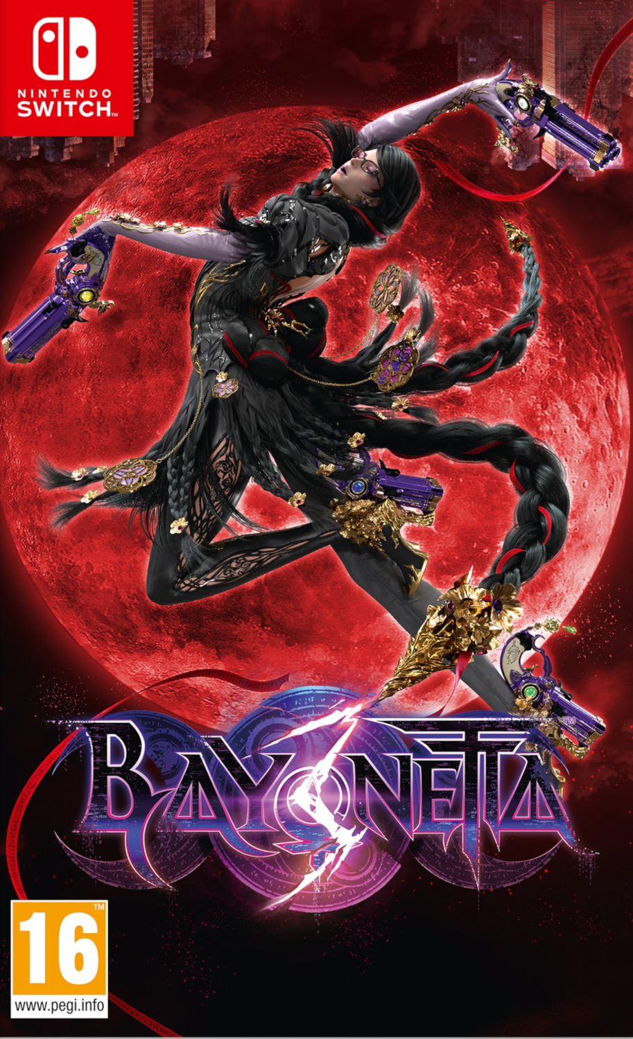 Bayonetta game cover. Vrouw in zwarte outfit met pistolen poseert voor rode maan. Nintendo Switch logo linksboven.