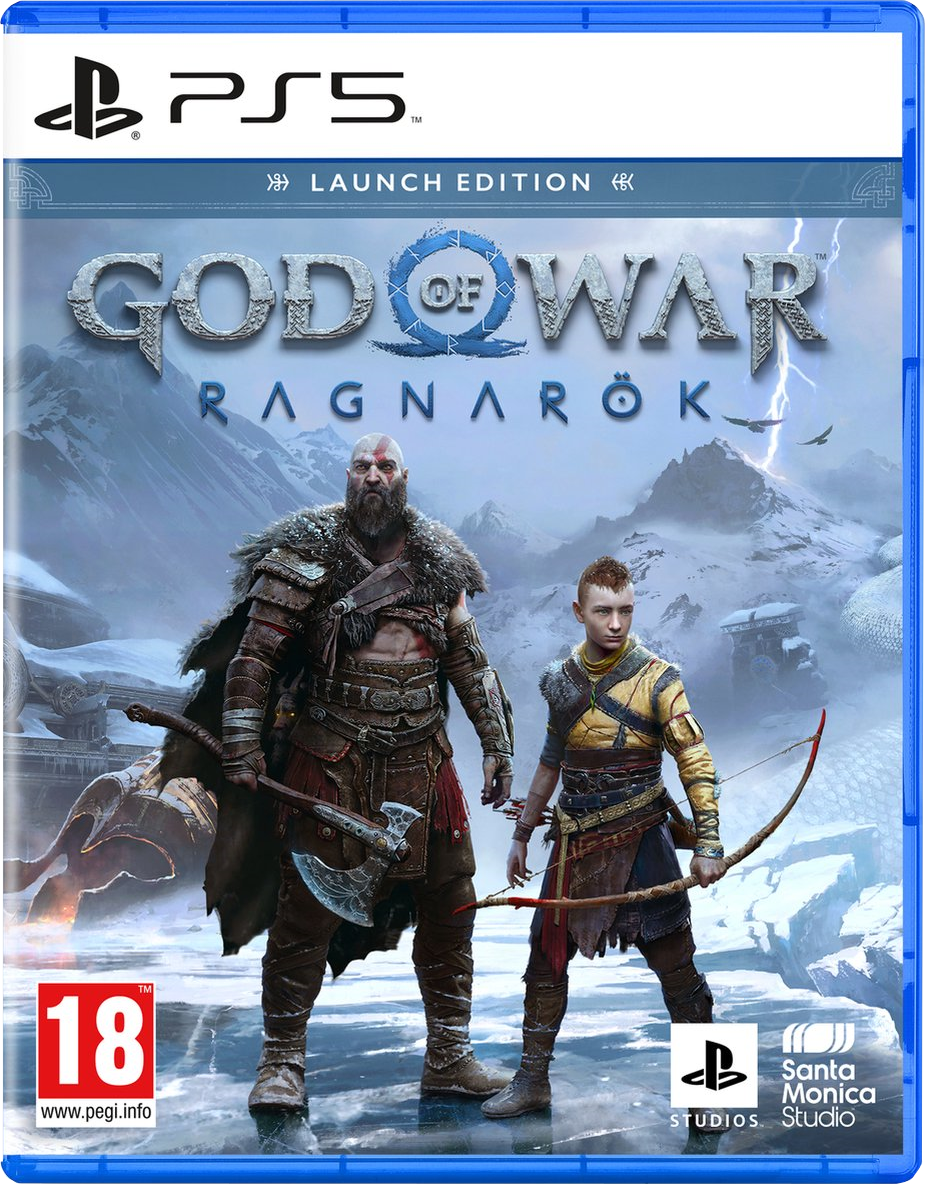 PS5 game cover: God of War Ragnarok. Met Kratos en Atreus, speltitel en logo.