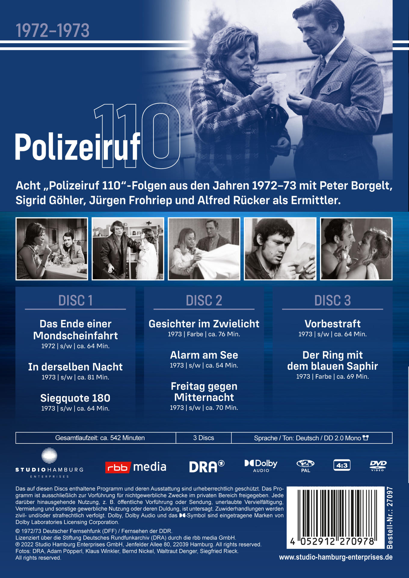 DVD-Hülle mit Bild von Schauspielern und Text. Zeigt Episodentitel und Details.