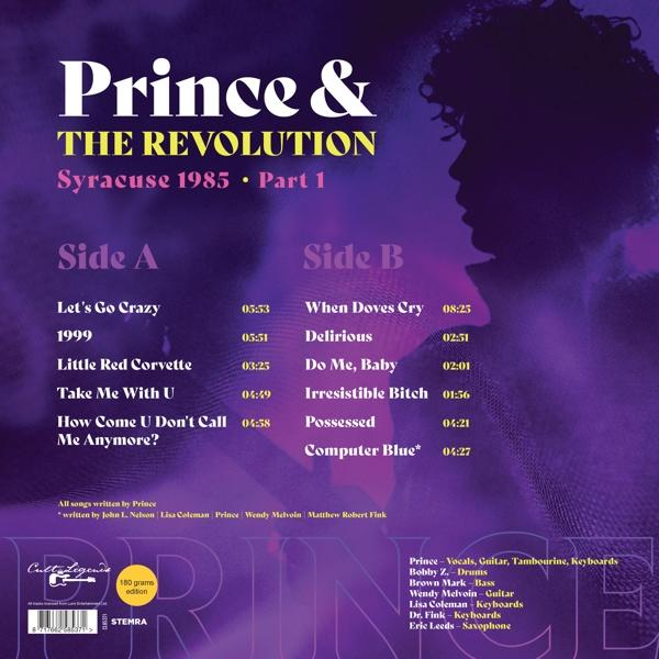 Prince & The Revolution album borító. Syracuse 1985 1. rész. A és B oldal számlistája.