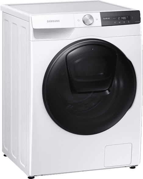 Un lave-linge Samsung blanc avec porte avant noire et panneau de commande.