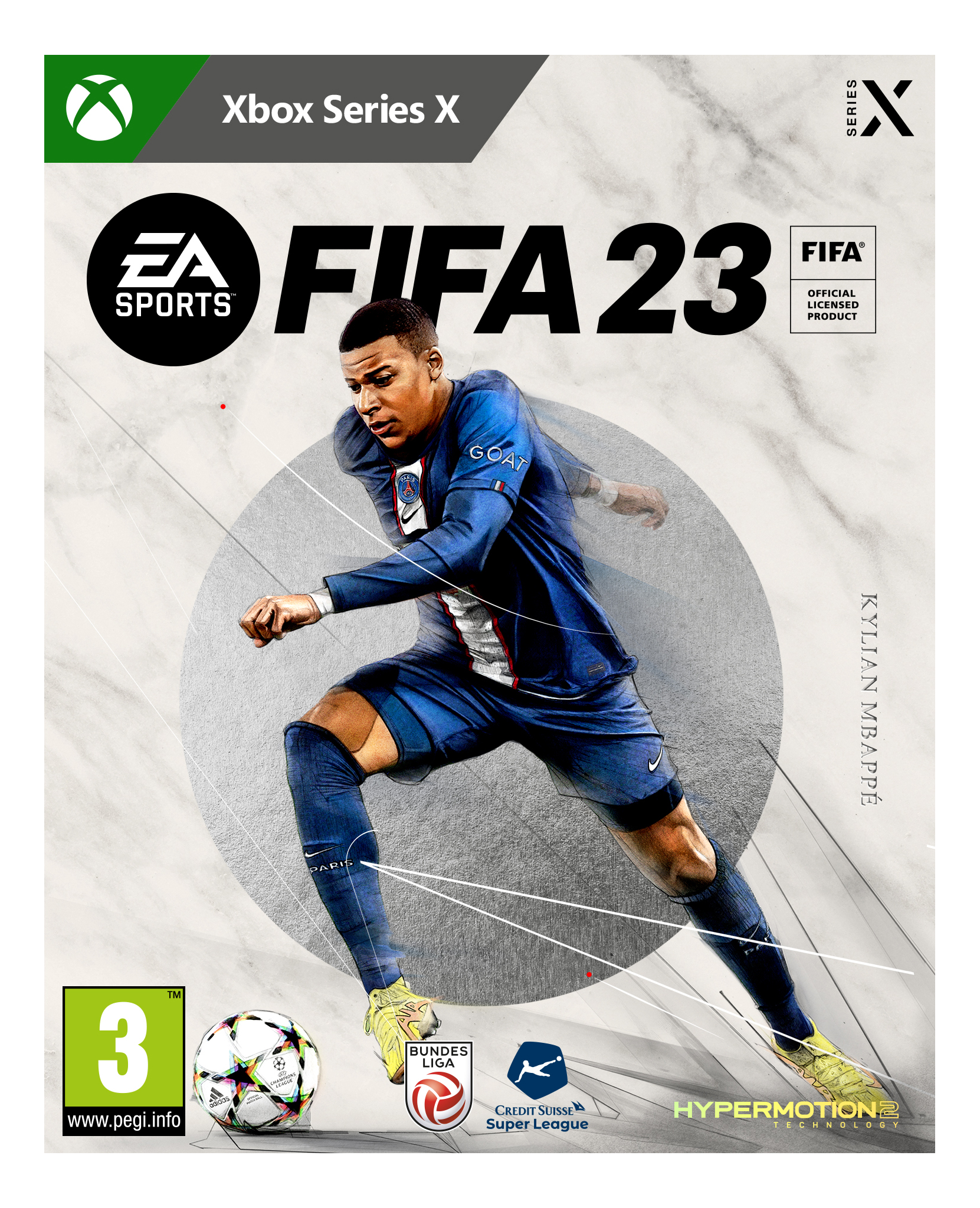 Couverture du jeu FIFA 23 avec Kylian Mbappé, le logo du jeu et l'étiquette Xbox Series X.