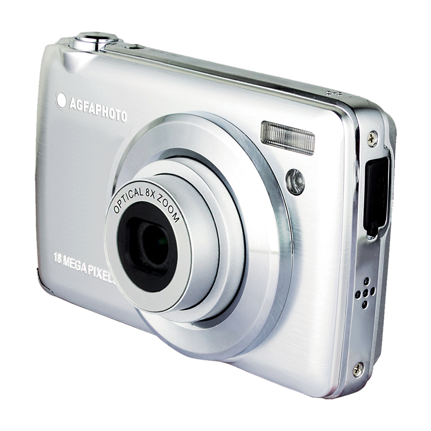Fotocamera Agfaphoto argentata su sfondo bianco. Ha un obiettivo zoom e 18MP.