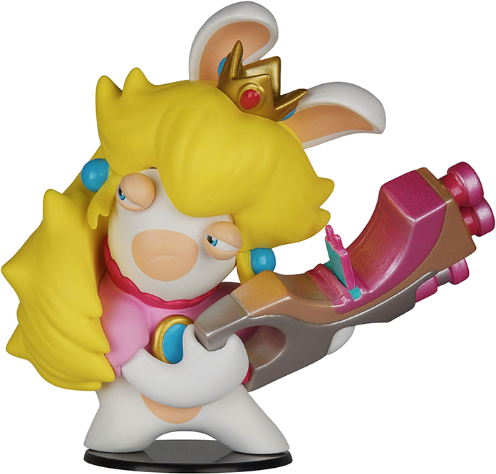 Eine weiße Rabbid Peach Figur, die einen Blaster hält, eine Krone trägt, mit traurigem Gesichtsausdruck.