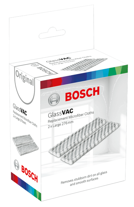 Bosch doboz GlassVAC cserélhető mikroszálas kendőkkel, Bosch logóval és termék részletekkel.