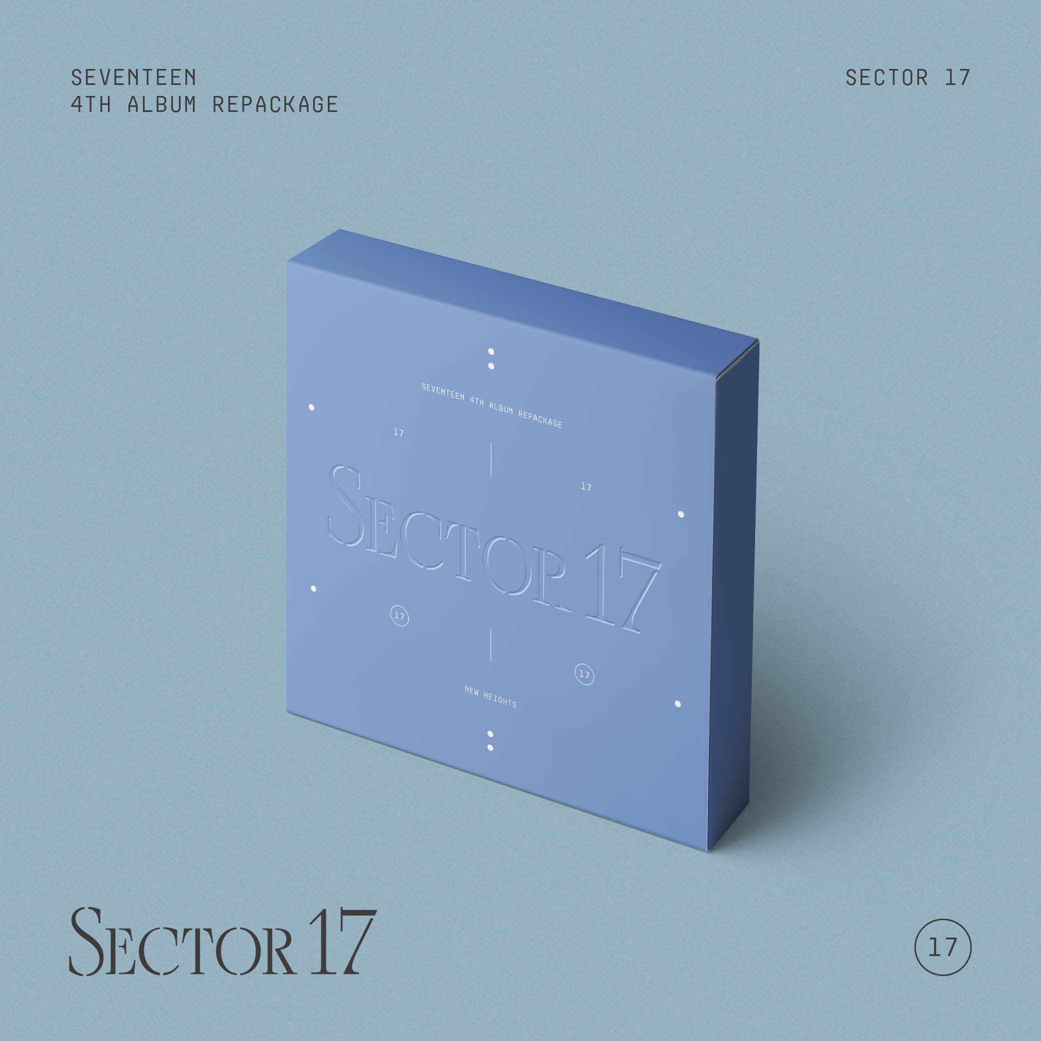 Eine blaue Box mit geprägtem Text: SECTOR 17. Die Box steht auf hellblauem Untergrund.