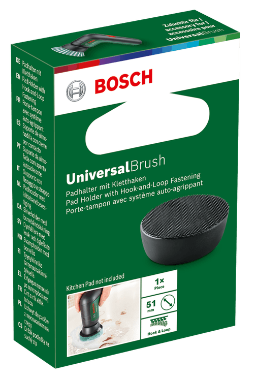 Egy Bosch UniversalBrush doboz fehér háttéren, termékadatokkal.