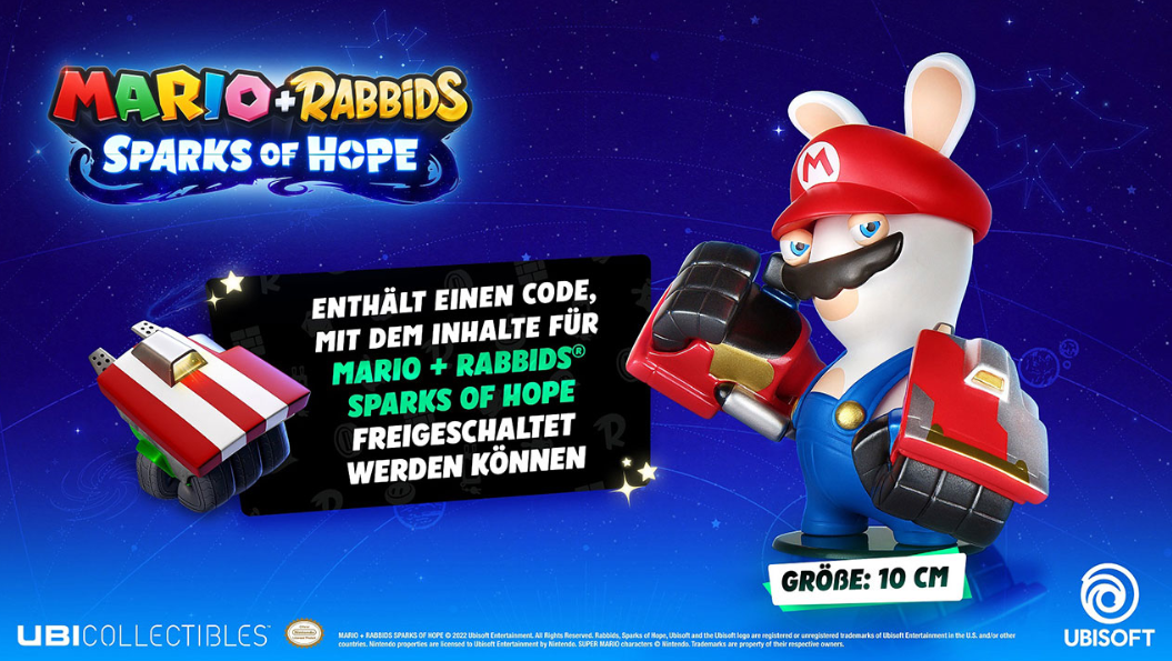 Eine Mario + Rabbids-Figur, die ein Raumschiff und eine Code-Karte hält.