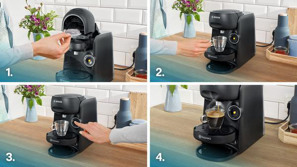 Kaffeemaschine in Gebrauch, mit Schritten zur Kaffeezubereitung.
