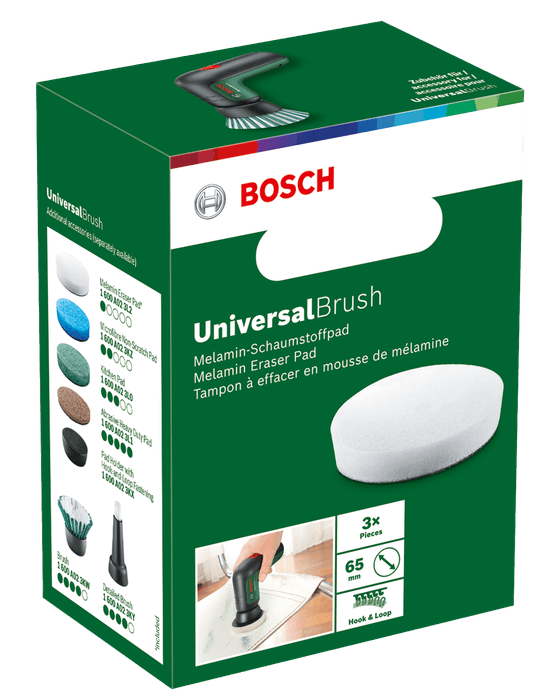 Bosch UniversalBrush termékdoboz, tartozékokkal. Fehér háttér.