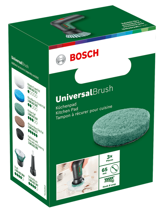 Zöld doboz Bosch UniversalBrush, konyhai szivacs és tartozékokkal.