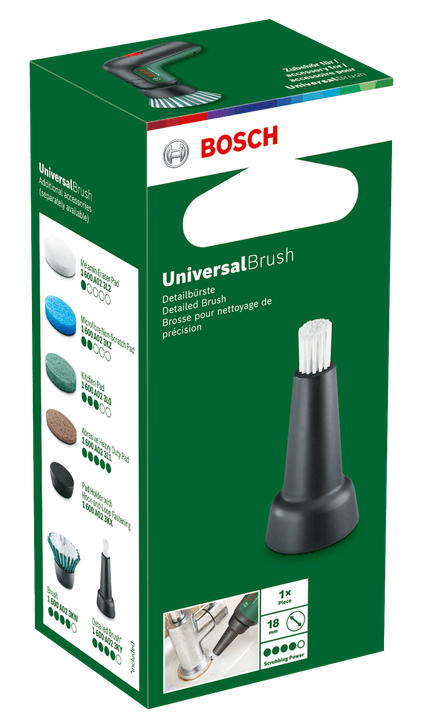 Zöld doboz Bosch UniversalBrush-sal és tartozékokkal. Tartalmaz kefét és kiegészítőket.