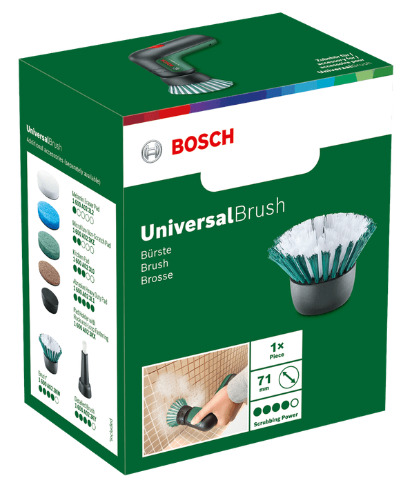 Bosch UniversalBrush doboz tartozékokkal. Egy kéz használja a kefét.