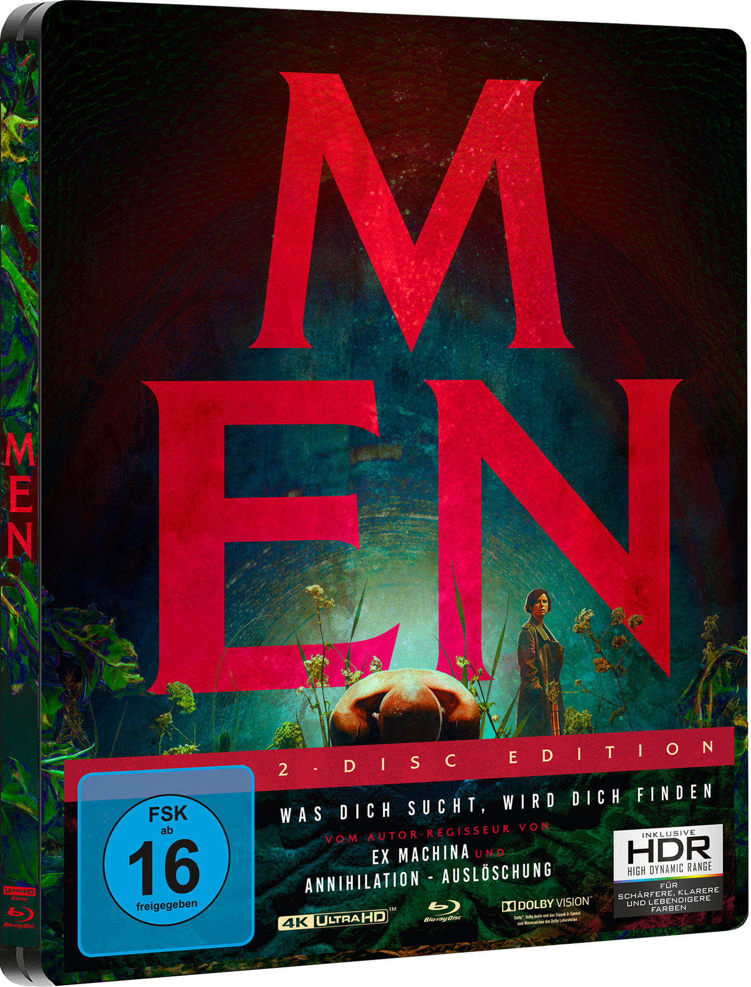 DVD-Cover des Films "MEN" mit rotem Titel auf dunklem, blaugrünem Hintergrund.