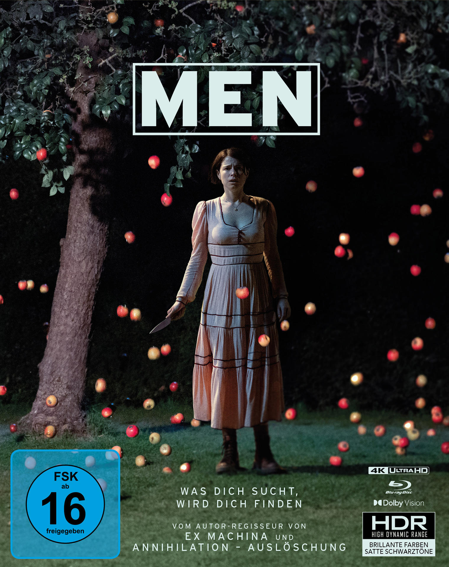 Filmplakat: Frau im Kleid, Äpfel fallen, Titel 'MEN'.