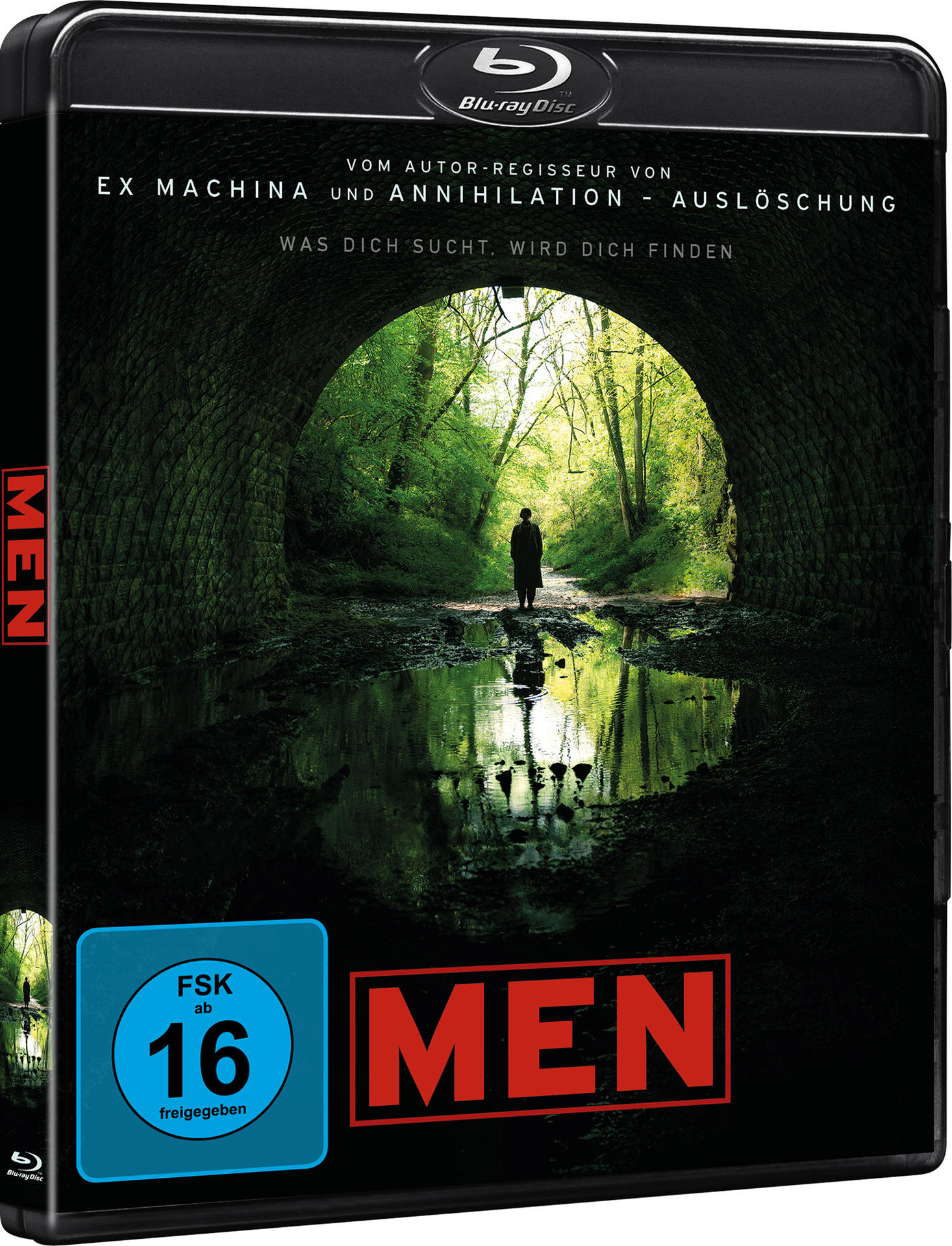 Eine Blu-ray-Disc-Hülle mit dem Film „MEN“ wird angezeigt. Eine Person steht in einem Tunnel.