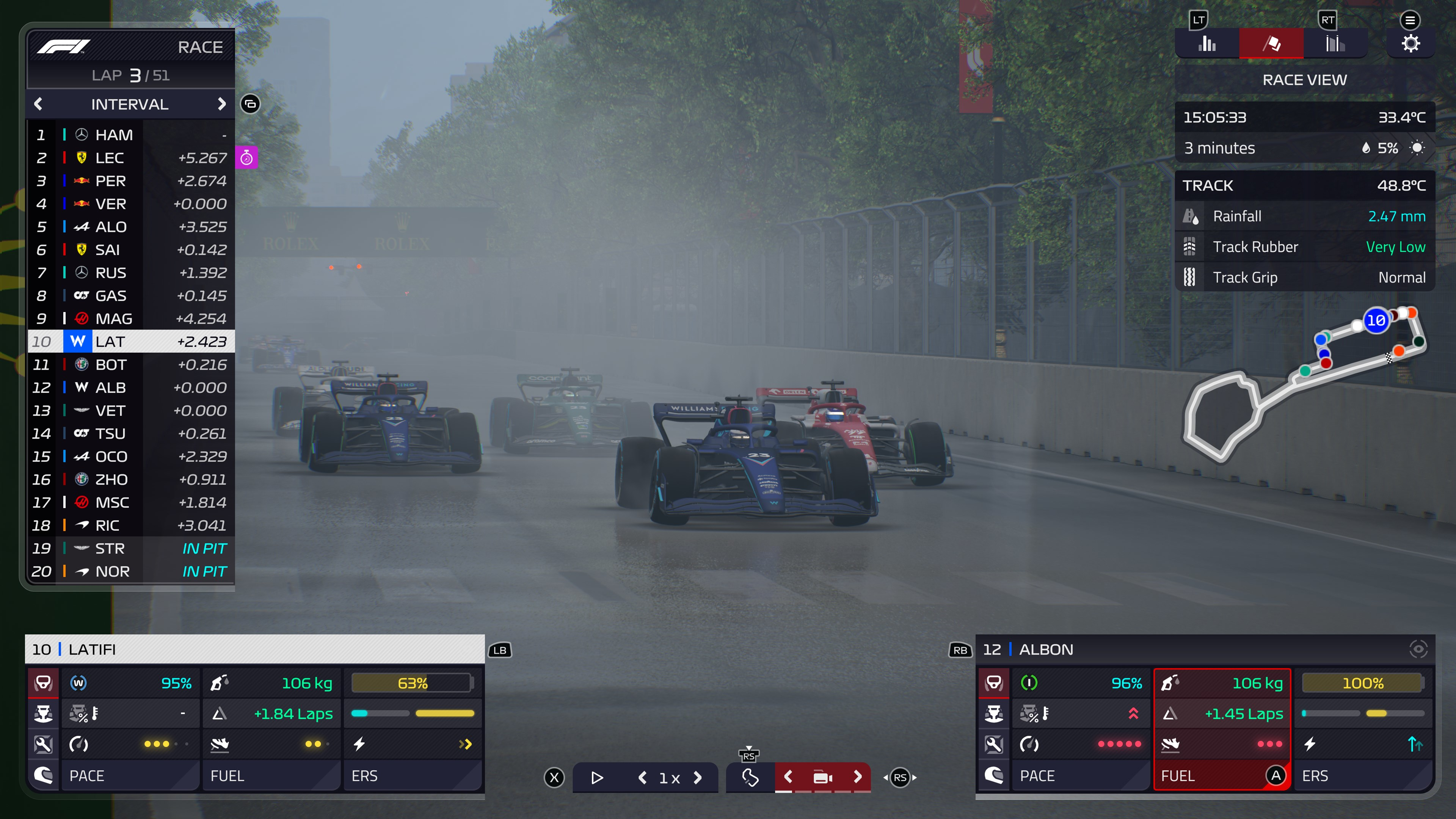 Rennansicht von Formel-1-Autos, die im Regen fahren, mit Renndetails auf dem Bildschirm angezeigt.