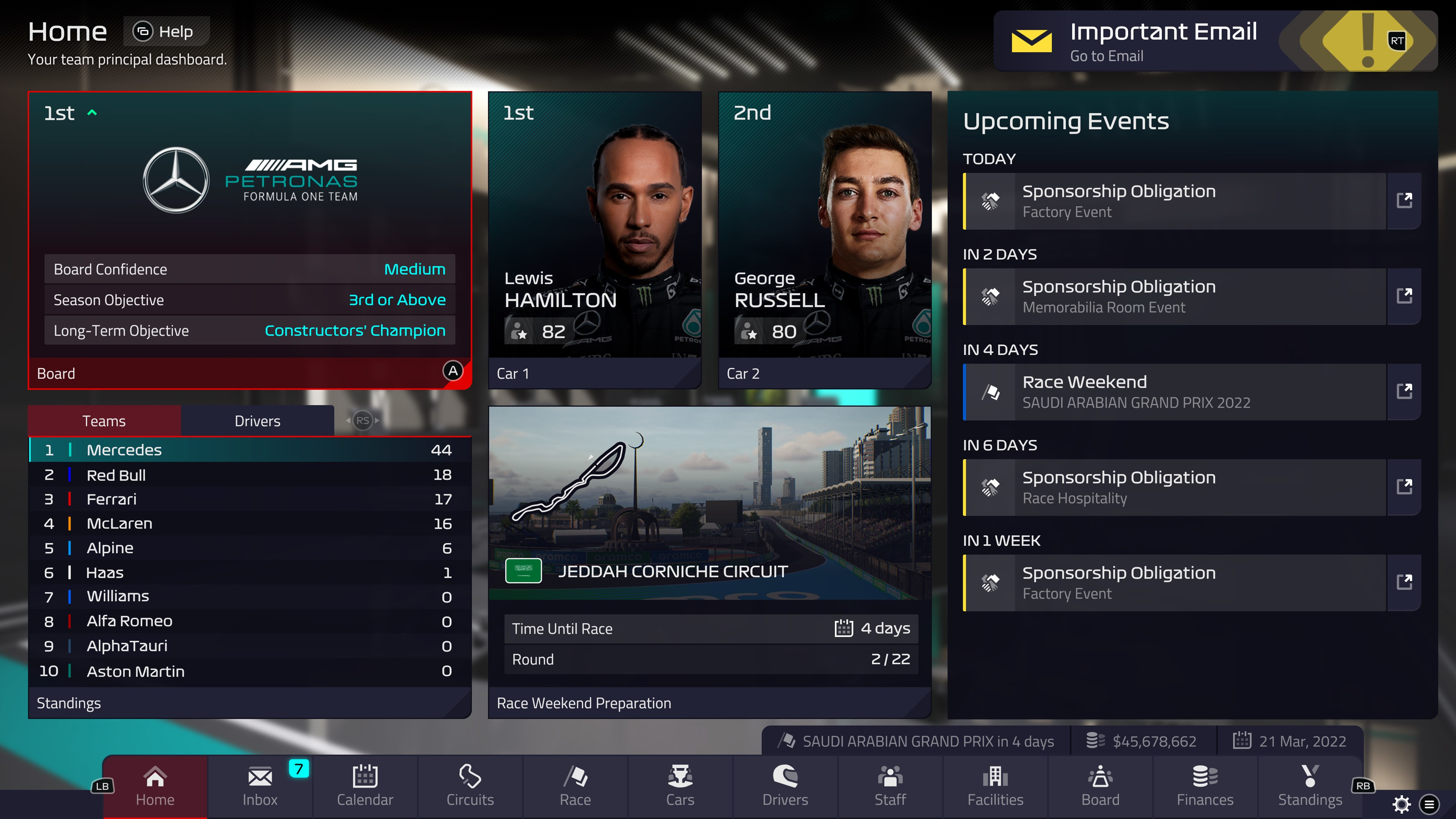 F1-Rennspiel-Dashboard. Zeigt Wertungen, Fahrer und kommende Veranstaltungen.