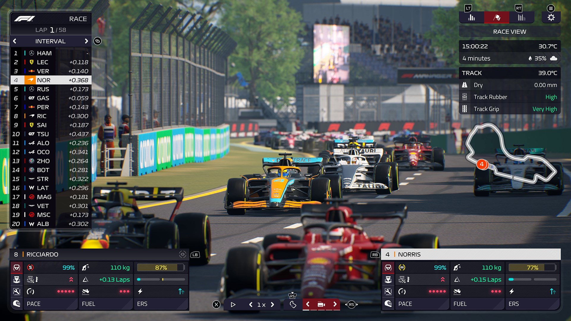 Eine Formel-1-Rennszene, mit Autos auf einer Strecke, die Renndetails zeigt.